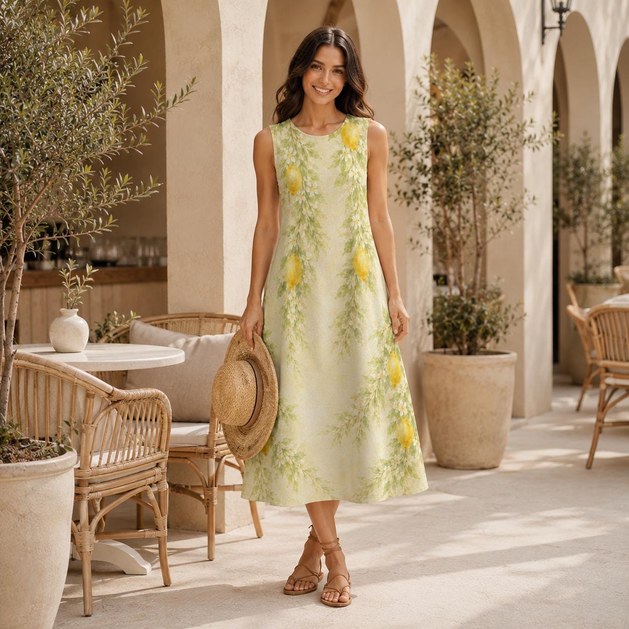 Lemon Floral Cotton Midi Dress | Garden Party A-Line Pocket Dress