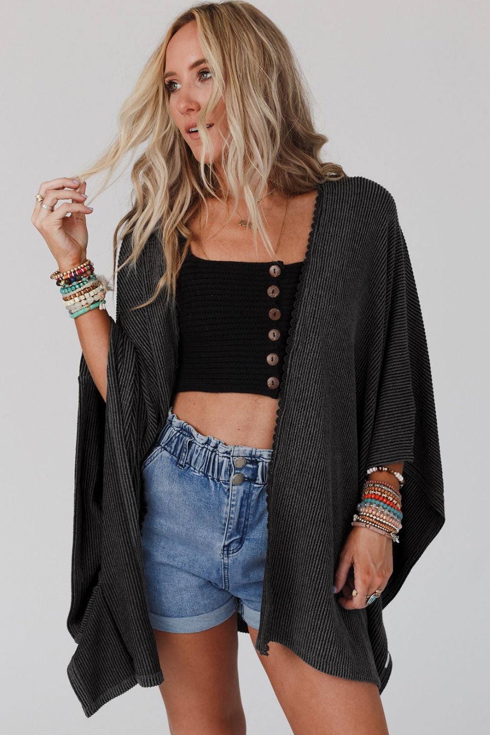 Lace-trim women's kimono cardigan in black and apricot options