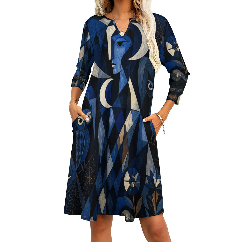 Celestial Moon 3/4 Sleeve Midi Dress | Blue Mystical Print