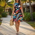 Colorful Retro A-Line Mini Dress | Sleeveless Vacation Dress with Pockets