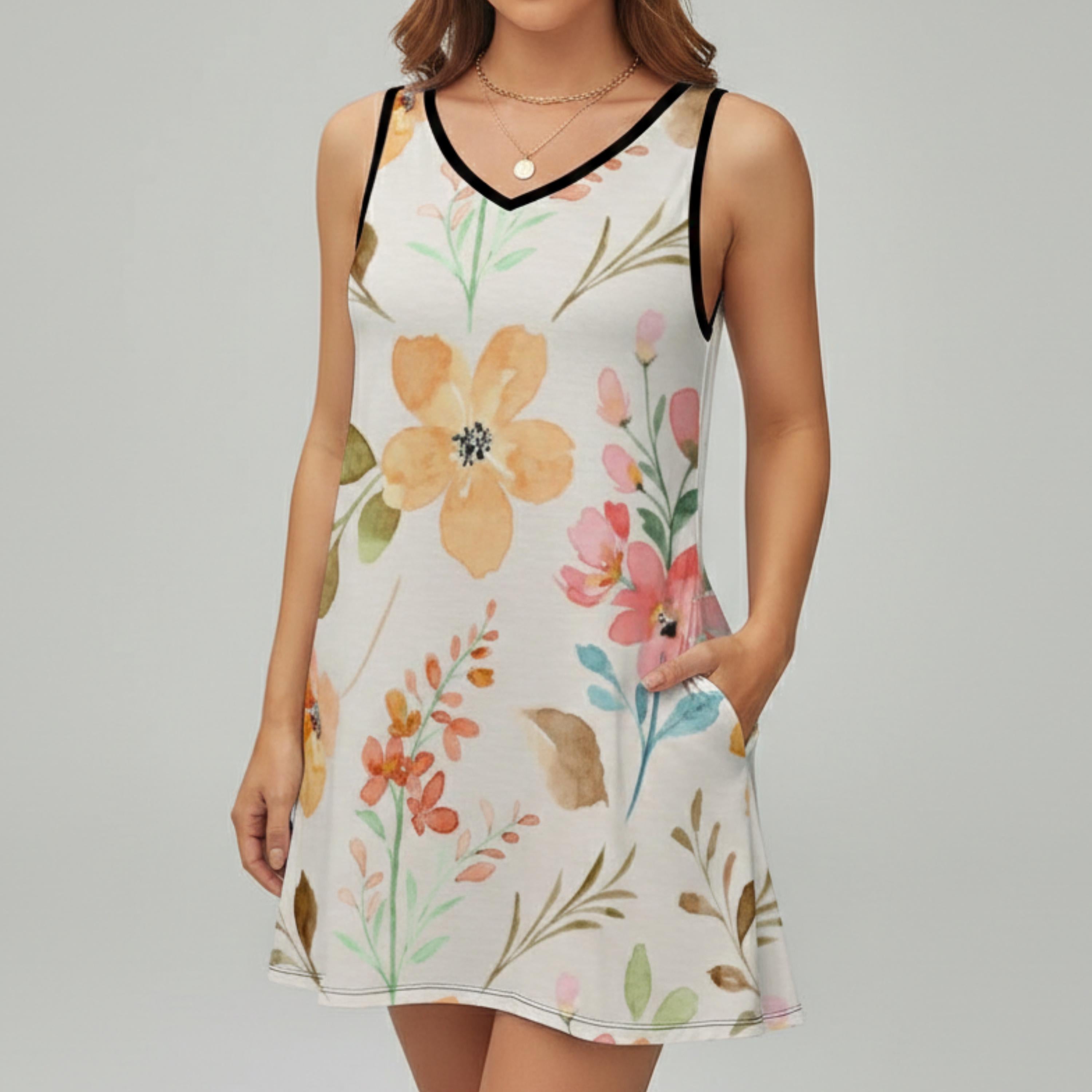 Floral Pocket Sundress | Sleeveless V-Neck Watercolor Mini Dress