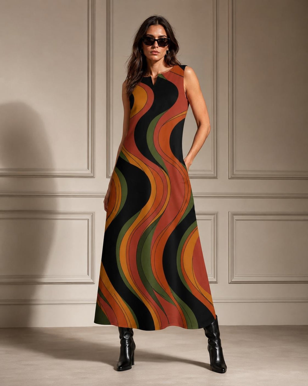 Retro Abstract A-Line Dress | 70s Earth Tone Pocket Dress