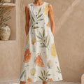 Lemon Olive Cotton Midi Dress | Mediterranean A-Line Pocket Dress