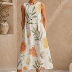 Lemon Olive Cotton Midi Dress | Mediterranean A-Line Pocket Dress