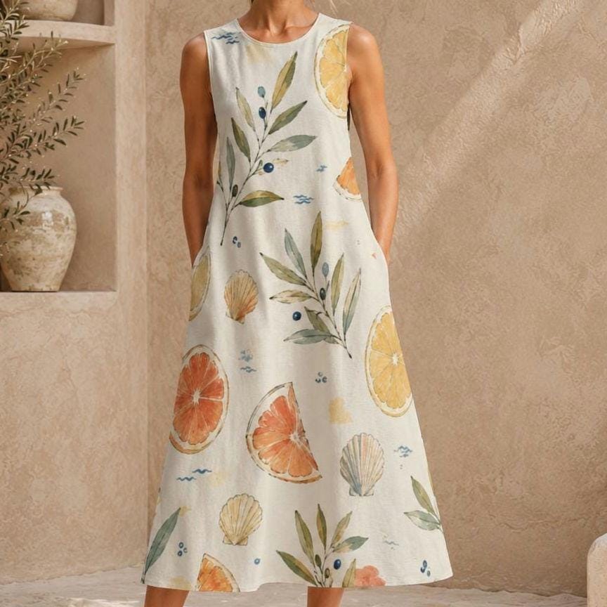 Lemon Olive Cotton Midi Dress | Mediterranean A-Line Pocket Dress