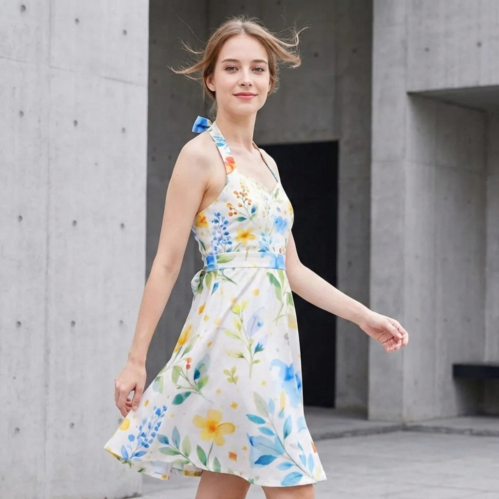Watercolor Floral Halter Dress | Blue Yellow Skater Sundress