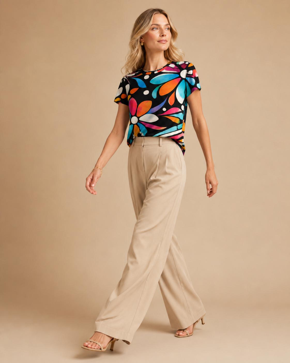 Retro Floral Cotton T-Shirt | Colorful Mod Flower Graphic Tee