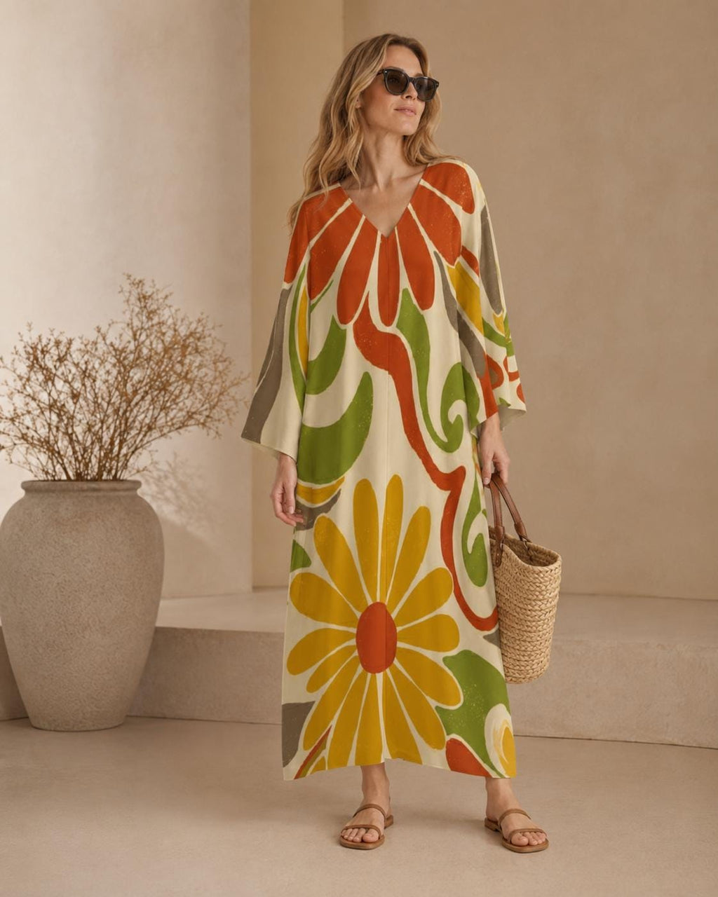 Retro Floral Kaftan Dress | 70s Boho Resort Maxi Dress