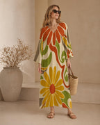 Retro Floral Kaftan Dress | 70s Boho Resort Maxi Dress