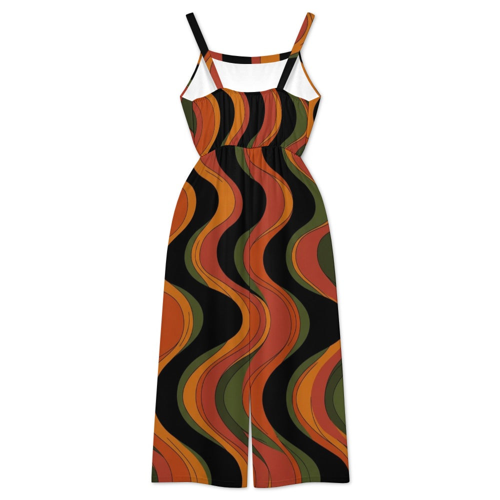 Retro Wave Wide-Leg Jumpsuit with Pockets | 70s Black Terracotta