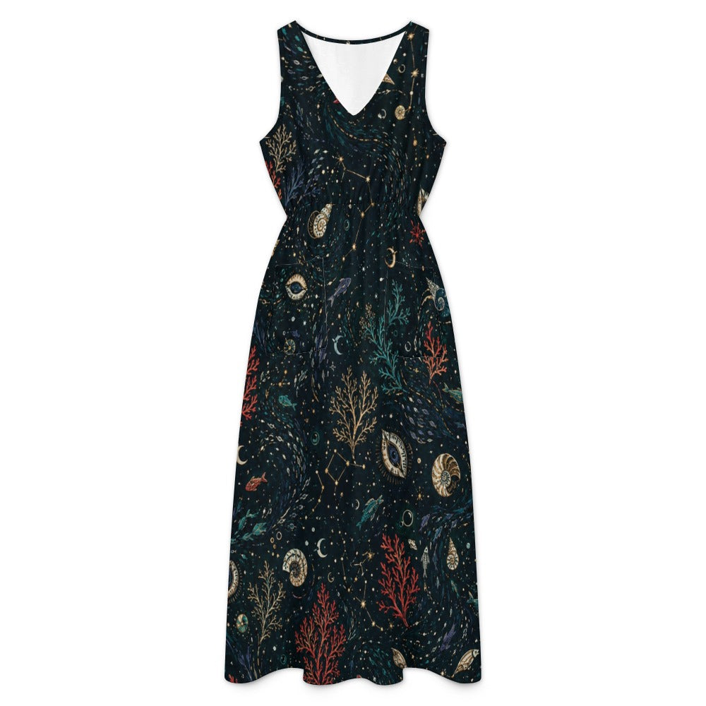 Dark Botanical Maxi Dress with Pockets | V-Neck Resort Dress