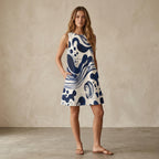 Blue Abstract Wave Mini Dress | Coastal A-Line Pocket Dress