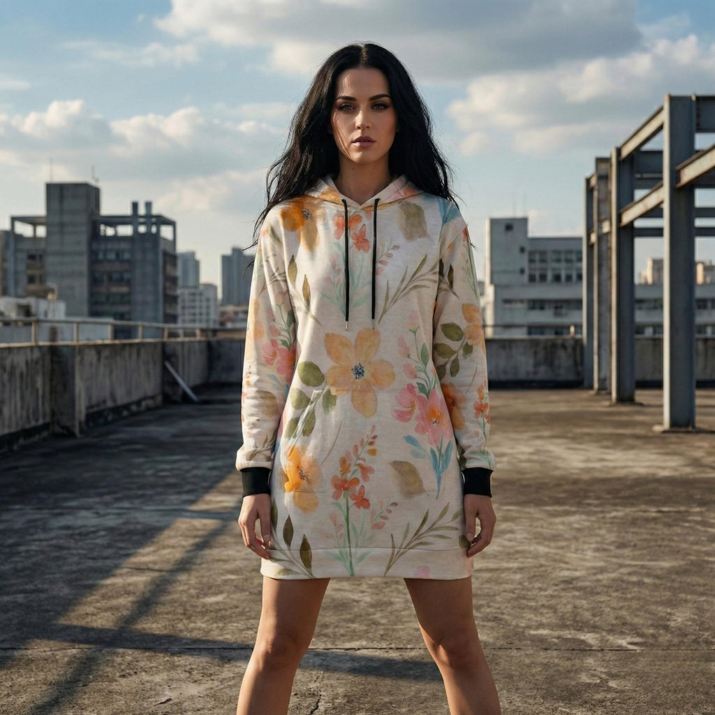 Watercolor Floral Hoodie Dress | Long Sleeve Casual Sweatshirt Dress
