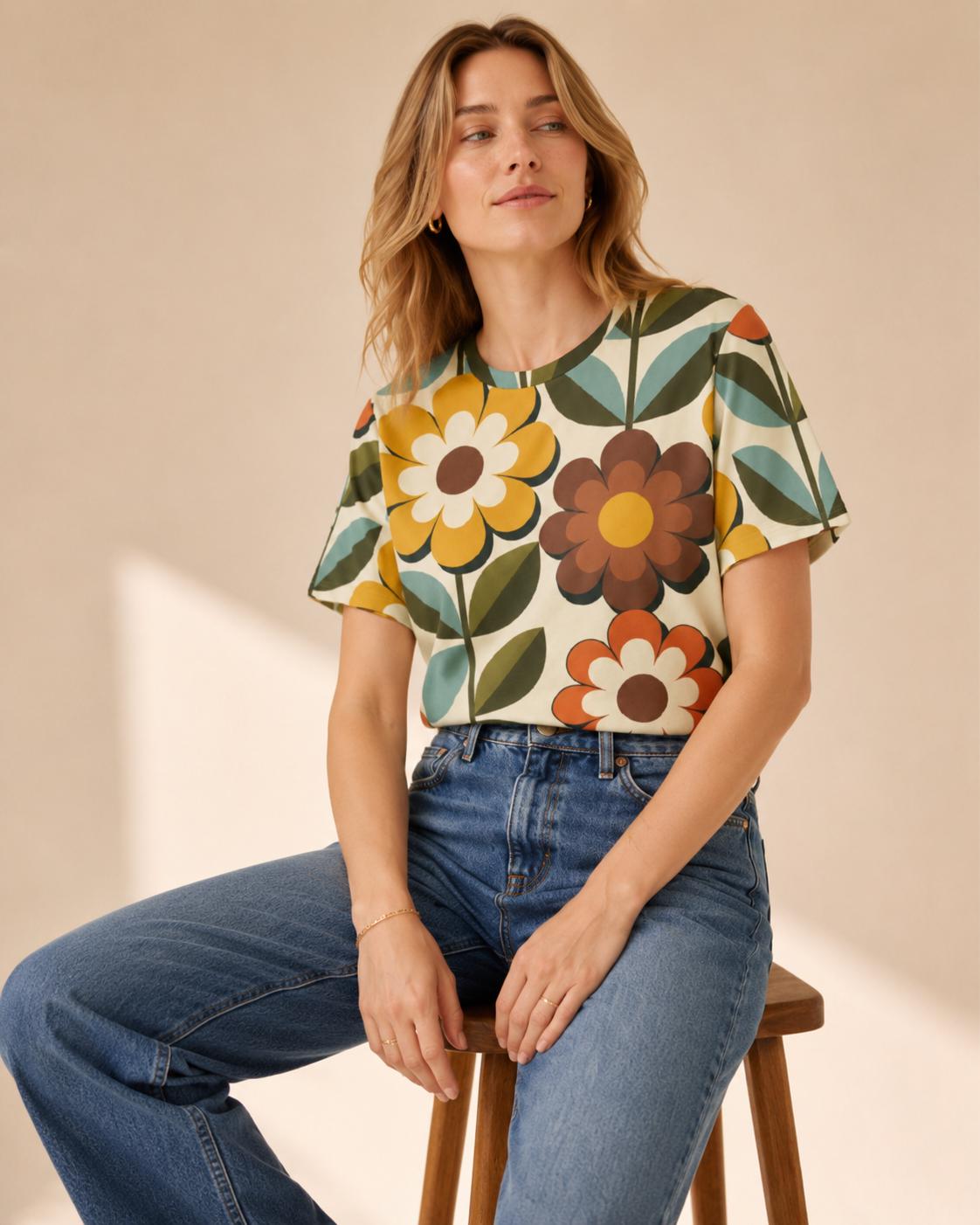 Retro Floral Cotton T-Shirt | 70s Colorful Boutique Tee