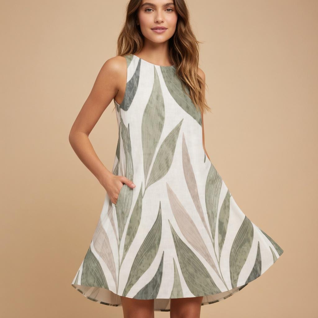 Leaf Print A-Line Mini Dress | Sleeveless Summer Pocket Dress