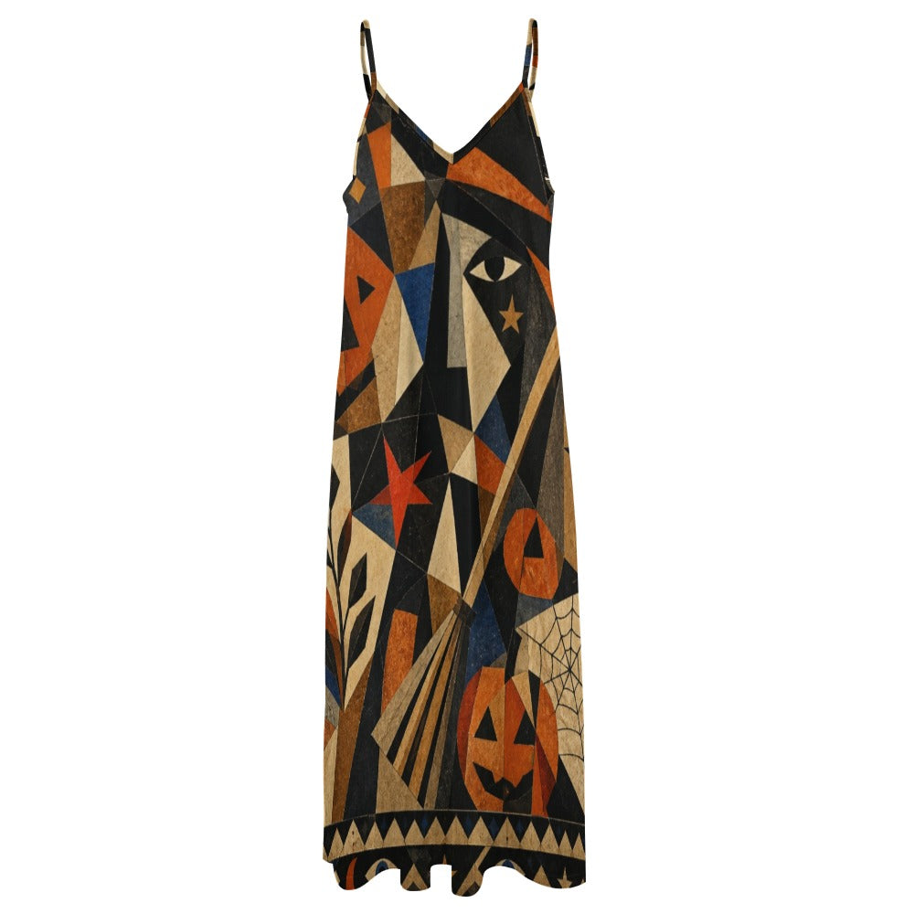 Abstract Halloween Slip Maxi Dress | Spaghetti Strap Statement Dress