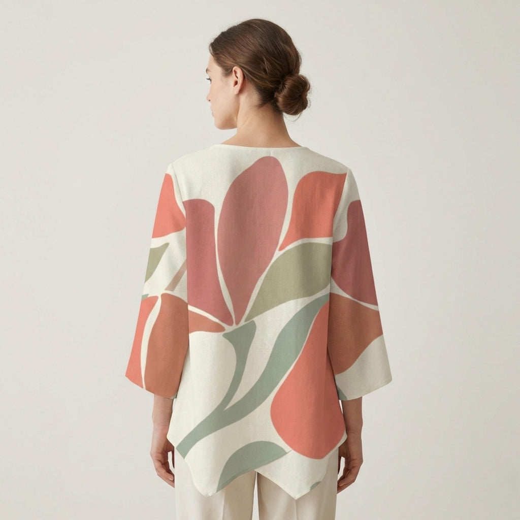 Abstract Leaf Zipper Blouse | V-Neck Linen-Look Tunic