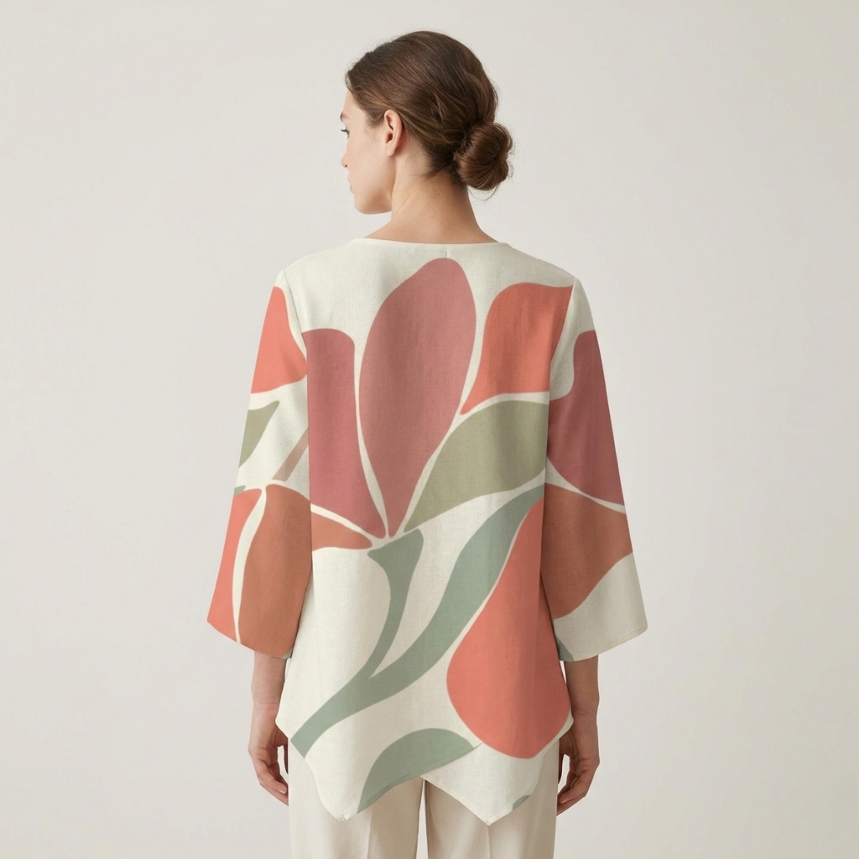 Abstract Leaf Zipper Blouse | V-Neck Linen-Look Tunic