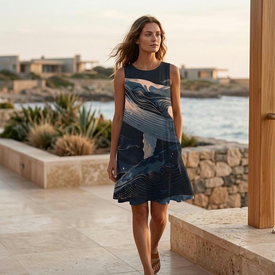 Whale Art A-Line Dress | Coastal Sleeveless Pocket Dress