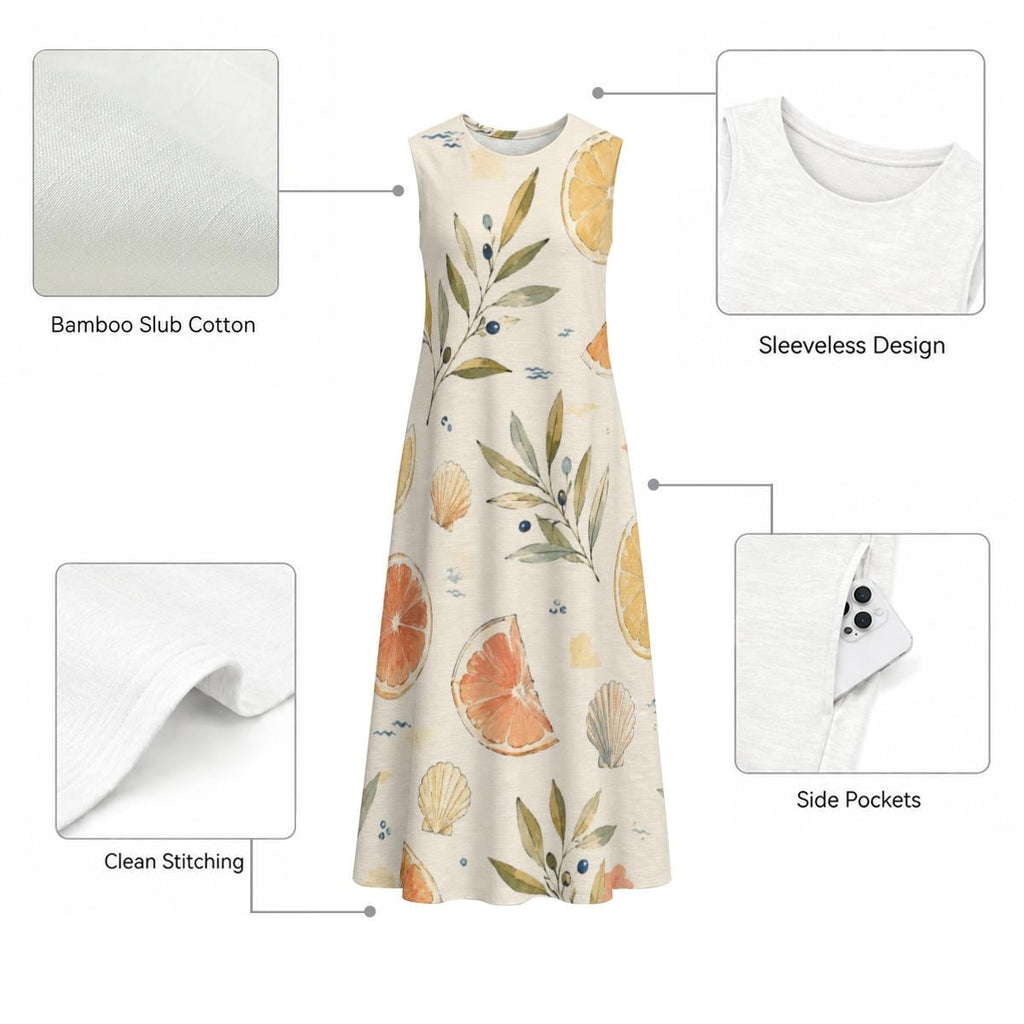 Lemon Olive Cotton Midi Dress | Mediterranean A-Line Pocket Dress