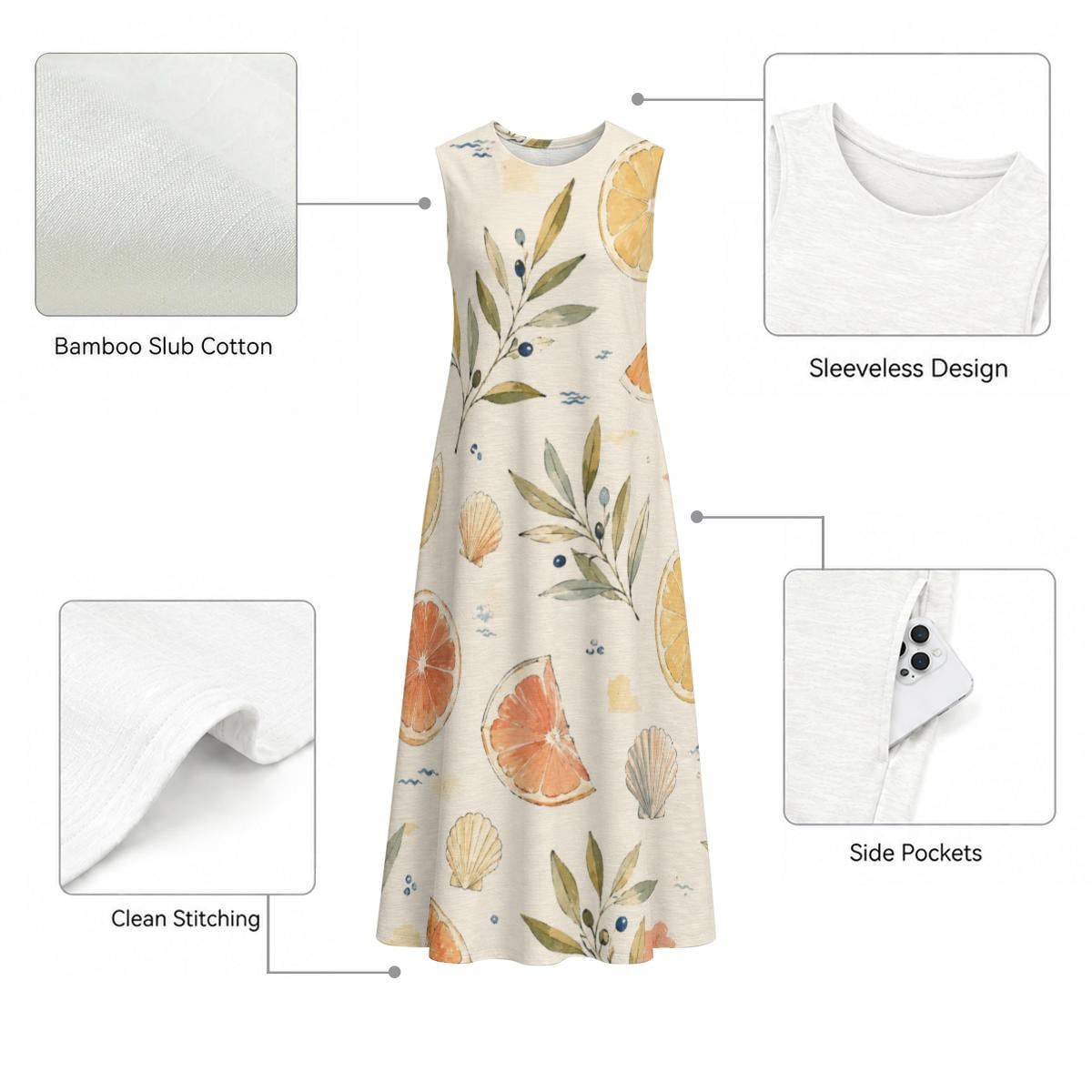 Lemon Olive Cotton Midi Dress | Mediterranean A-Line Pocket Dress