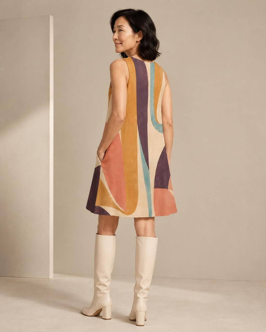 Abstract Print A-Line Mini Dress with Pockets, Retro Resort Summer Style
