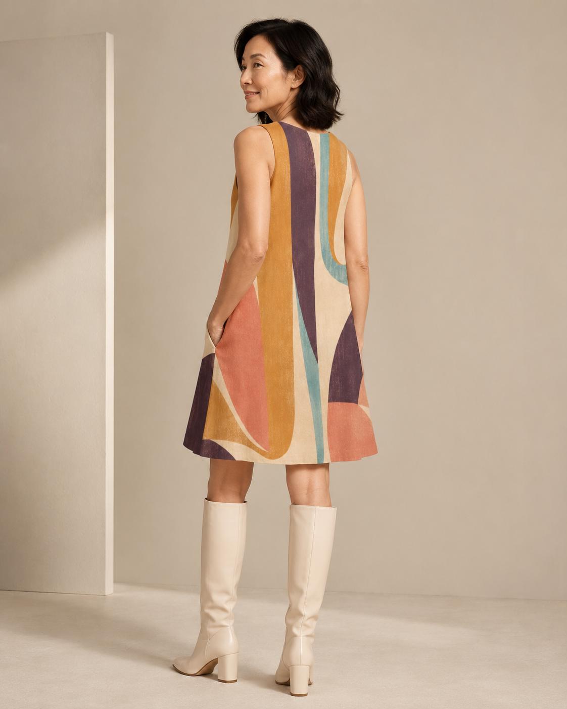 Abstract Print A-Line Mini Dress with Pockets, Retro Resort Summer Style