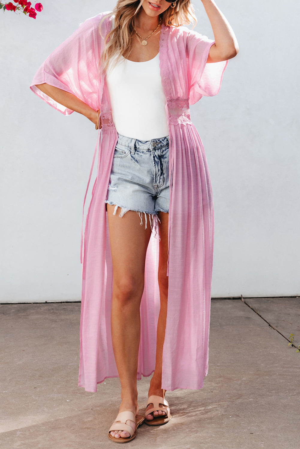 Open-front maxi kimono with short sleeves and lace trim