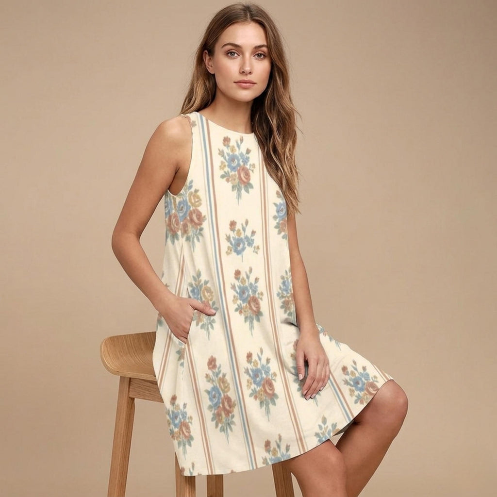 Retro Floral A-Line Mini Dress | Sleeveless Dress with Pockets