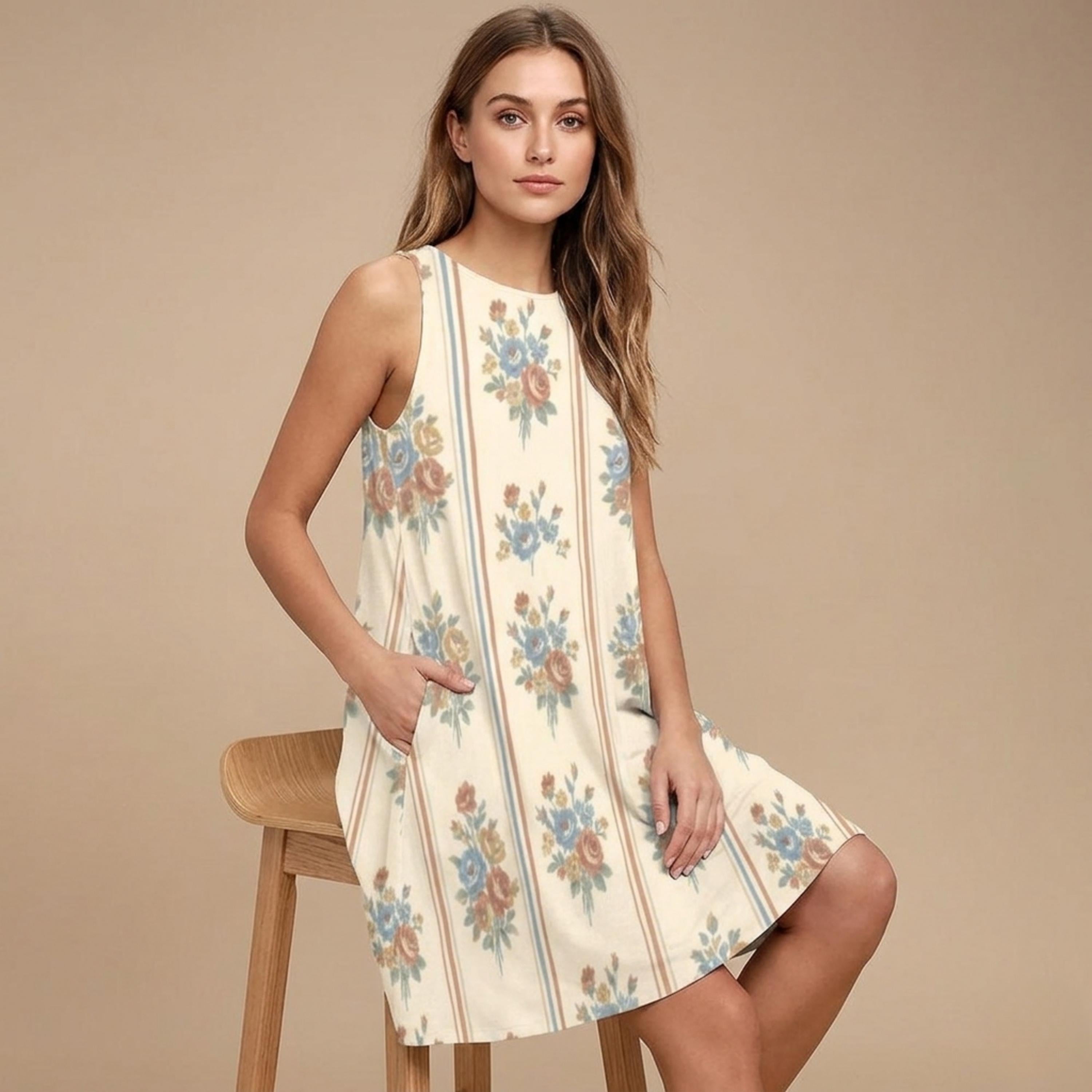 Retro Floral A-Line Mini Dress | Sleeveless Dress with Pockets