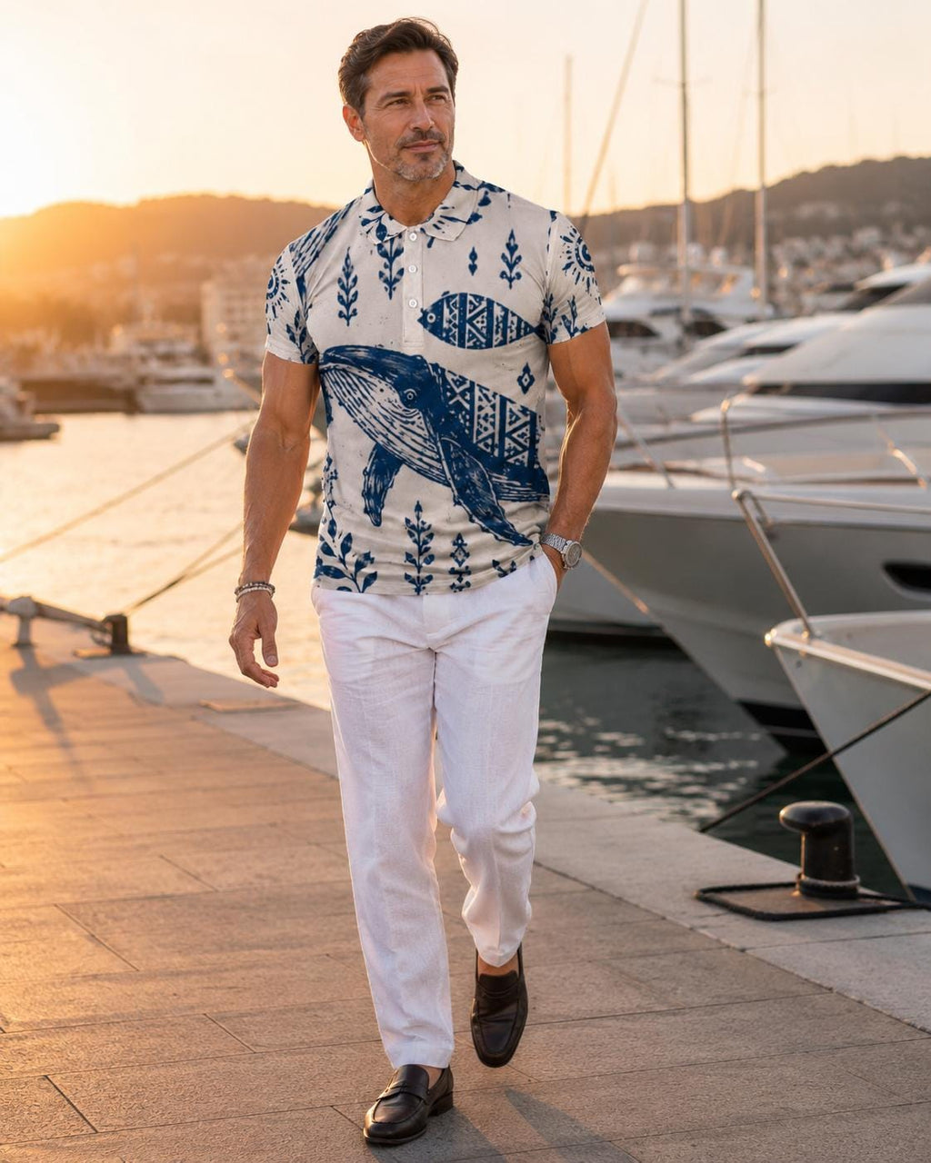 Men’s Whale Print Polo Shirt | Nautical Coastal Resort Top