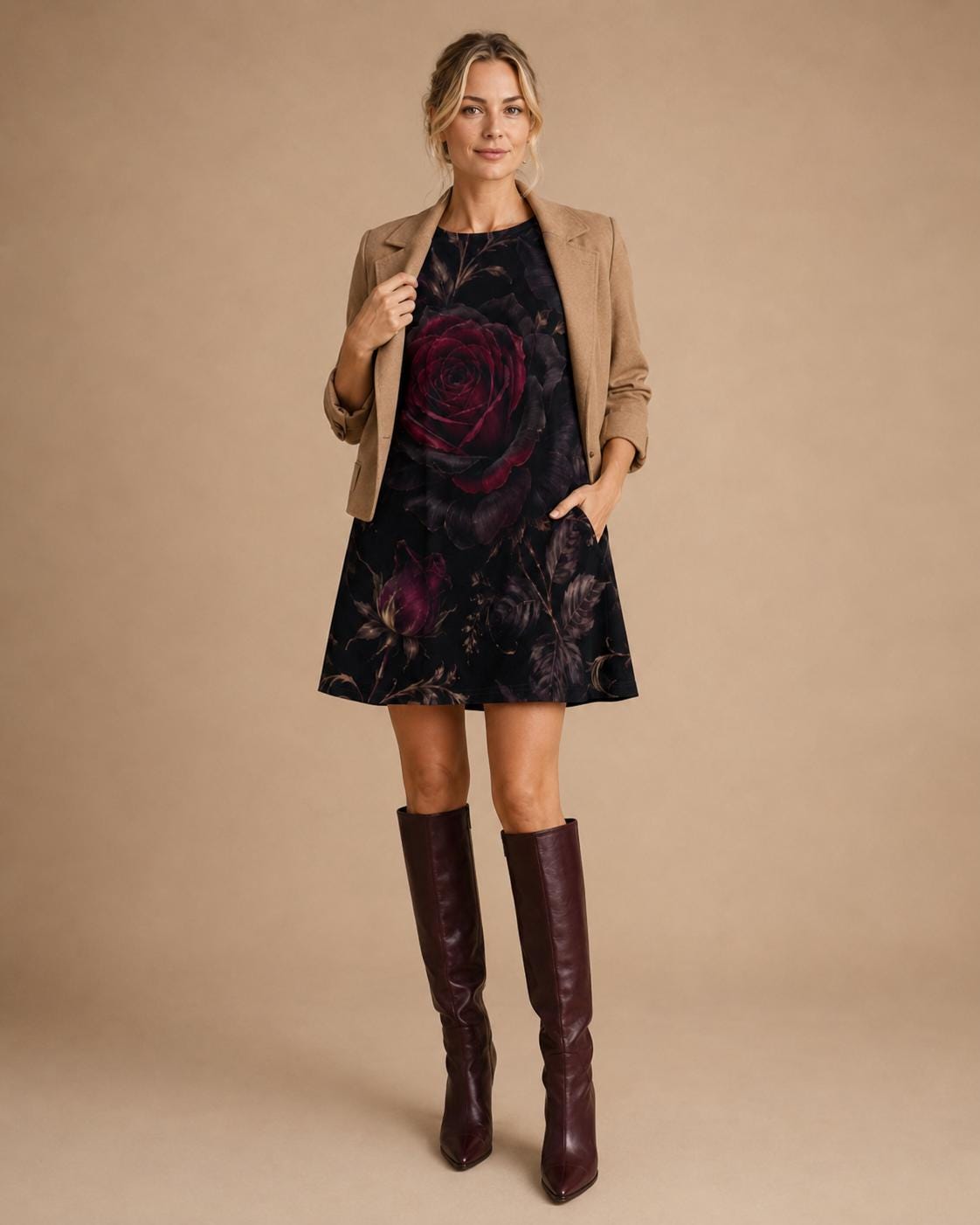 Gothic Rose Mini Dress | Dark Floral A-Line Pocket Dress