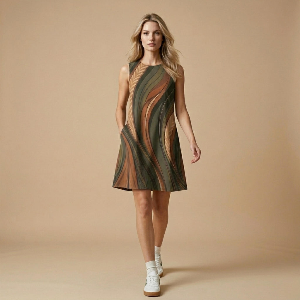 Retro Wave A-Line Midi Dress | Earth Tone Pocket Dress