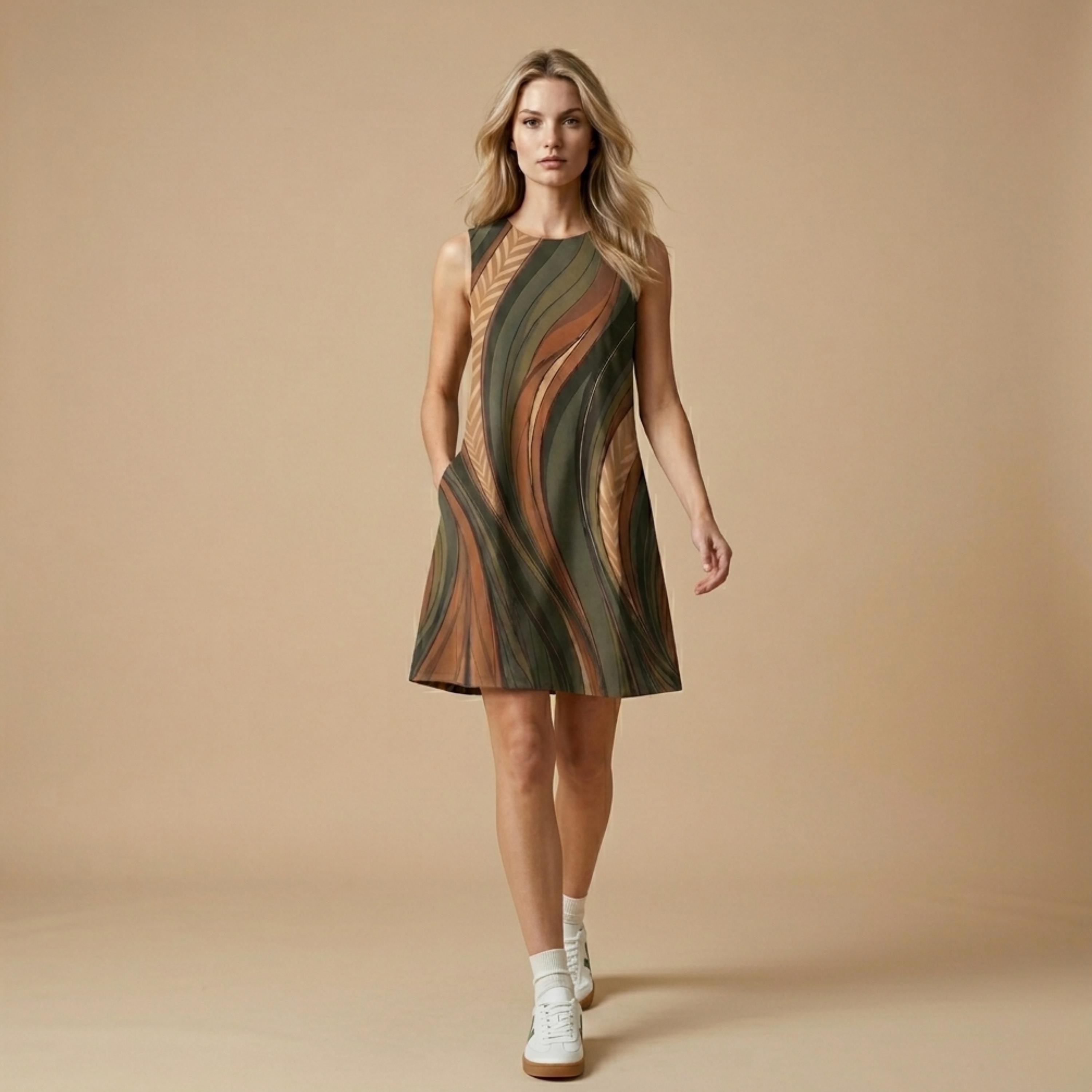 Retro Wave A-Line Midi Dress | Earth Tone Pocket Dress