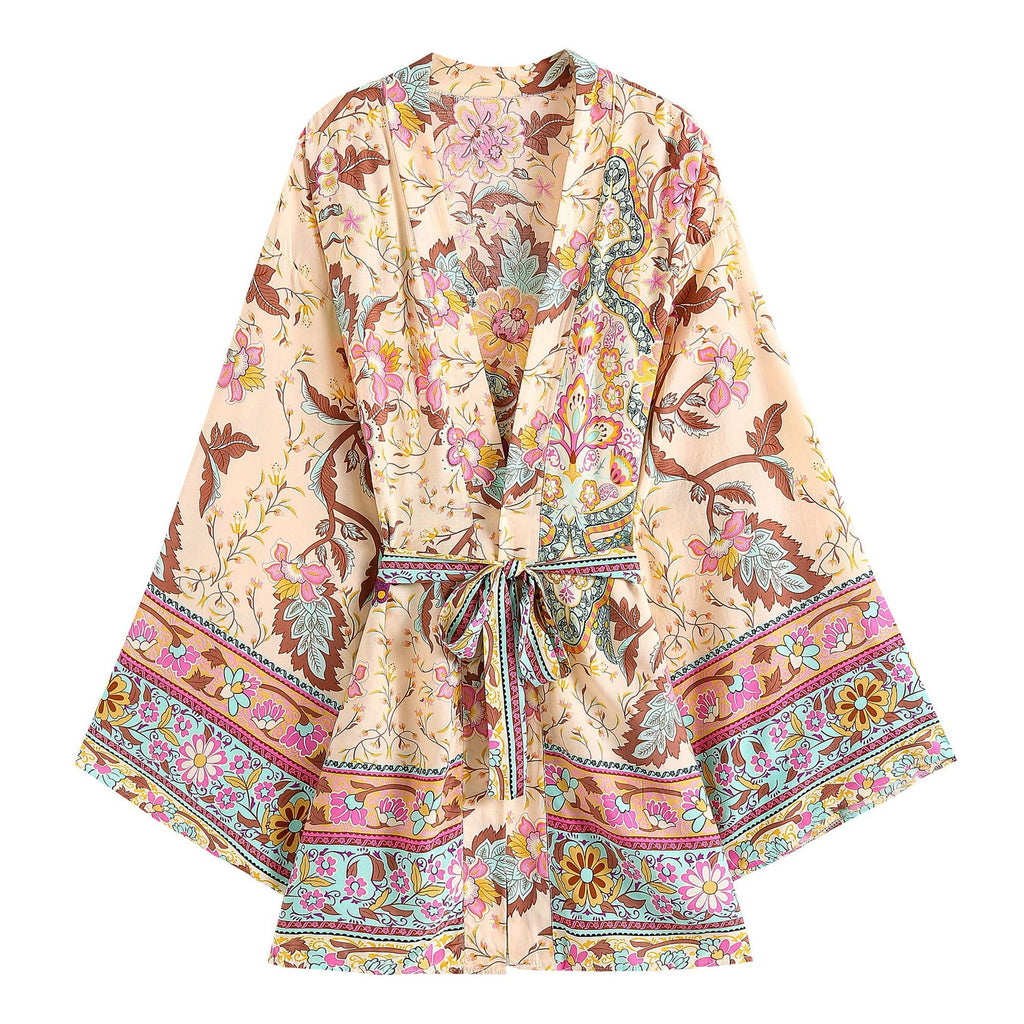 Women's cropped rayon kimono jacket with belt