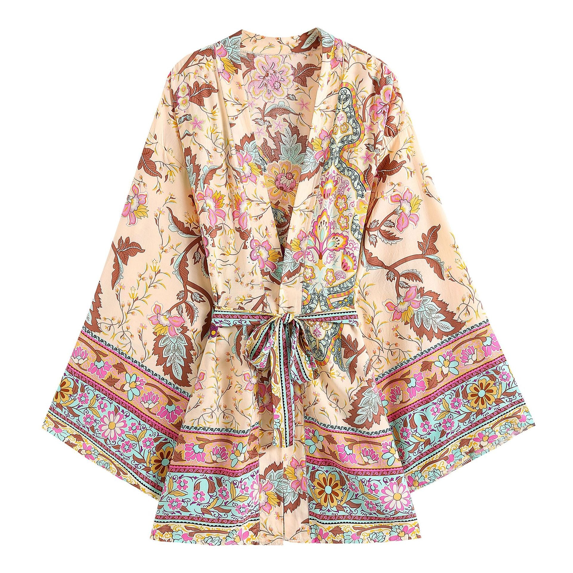 Women's cropped rayon kimono jacket with belt