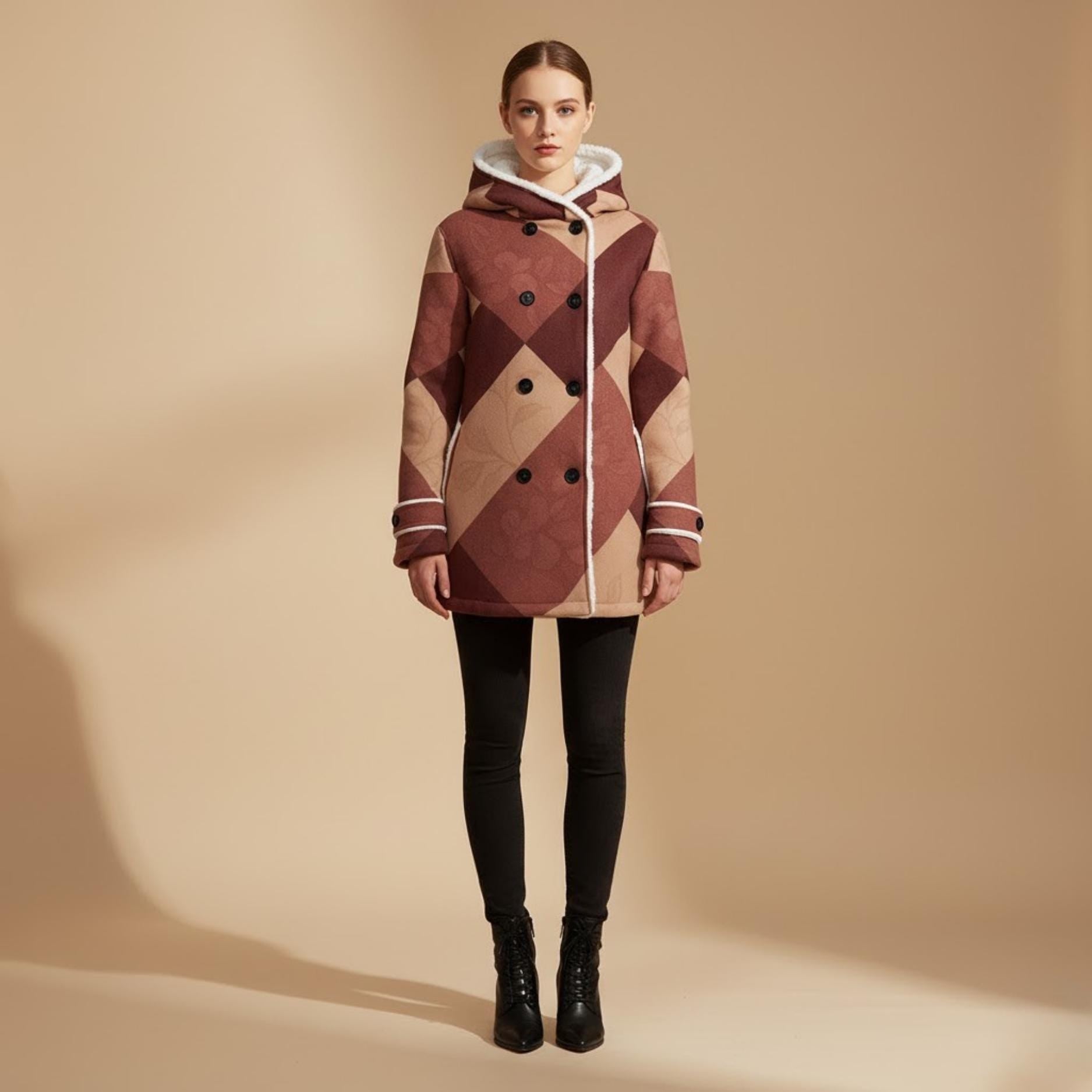 Burgundy Geometric Winter Coat | Fleece-Lined Quiet Luxury Jacket