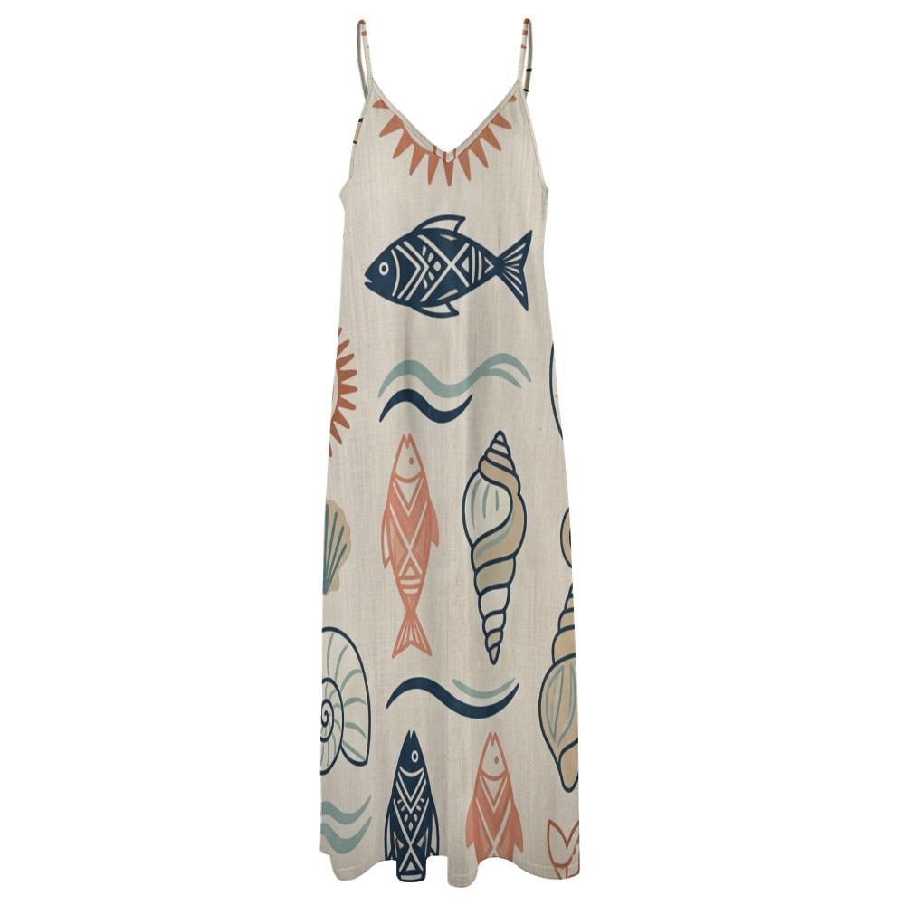 Mediterranean Fish Shell Maxi Dress | Sleeveless Coastal Resort Dress