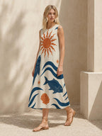 Sun Fish Cotton Midi Dress | Mediterranean A-Line Pocket Dress
