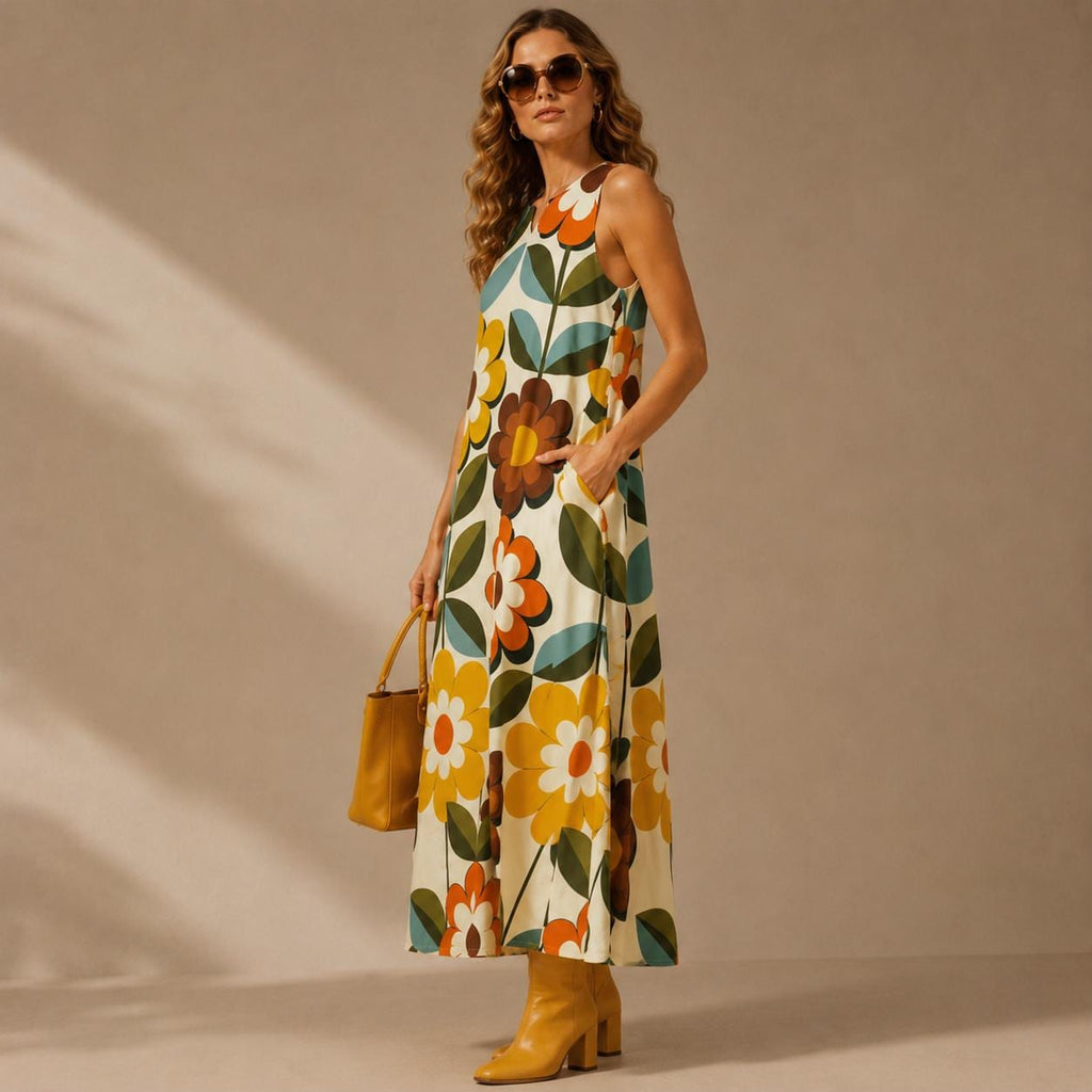 Retro Floral Maxi Dress with Pockets | Vintage Wedding Guest Dress