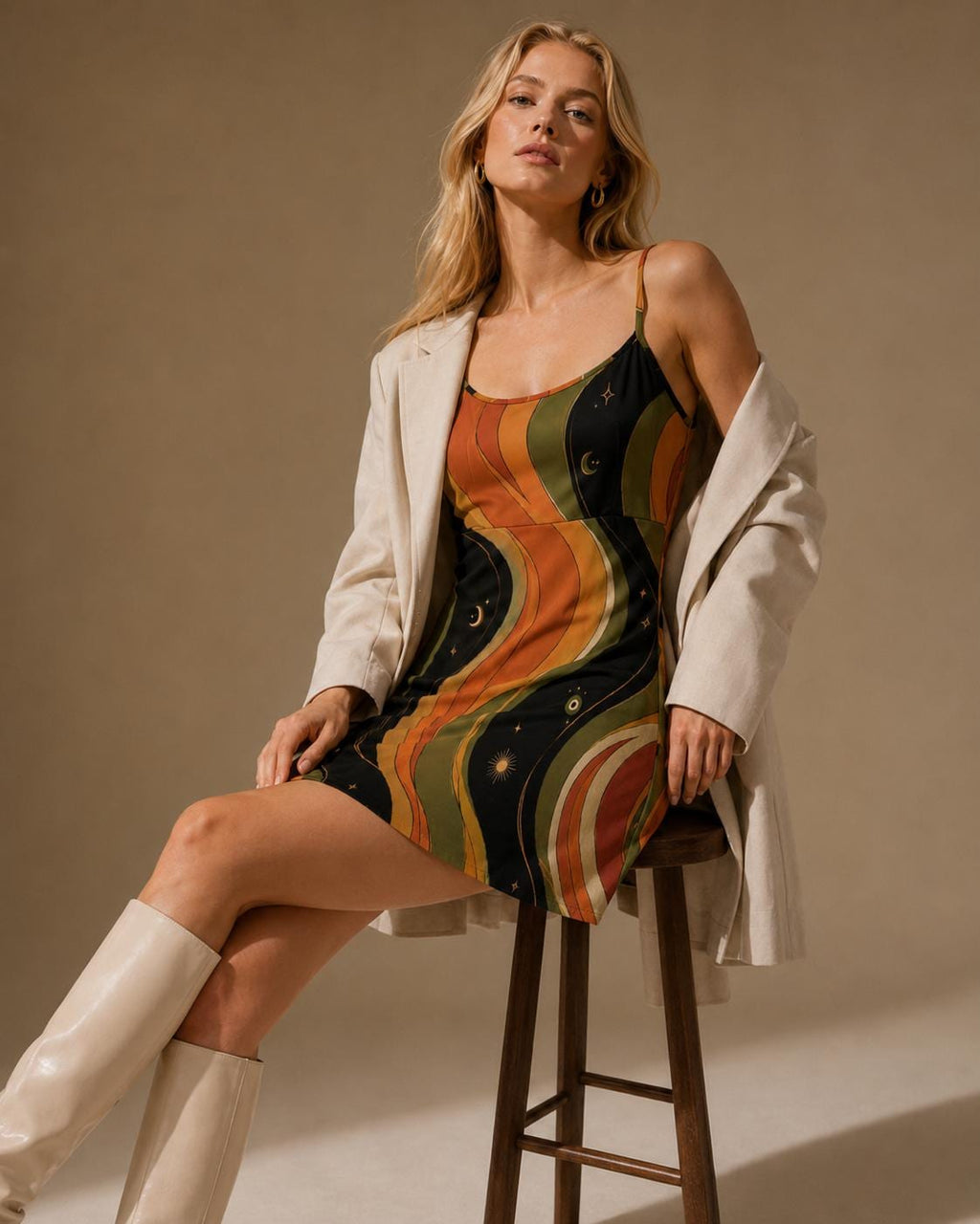 Celestial Retro Mini Dress | Moon Star Spaghetti Strap Sundress