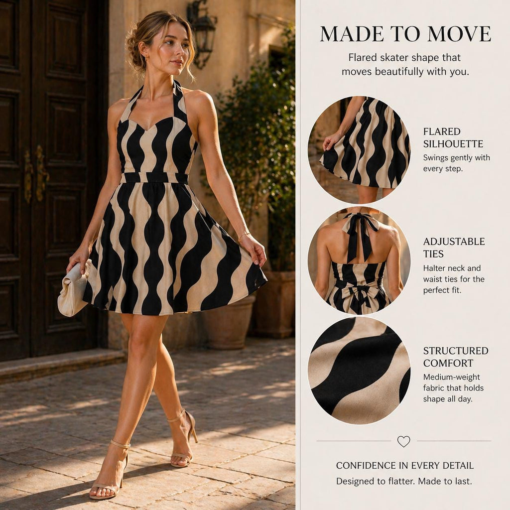 Black Beige Halter Mini Dress | Wedding Guest Date Night Dress