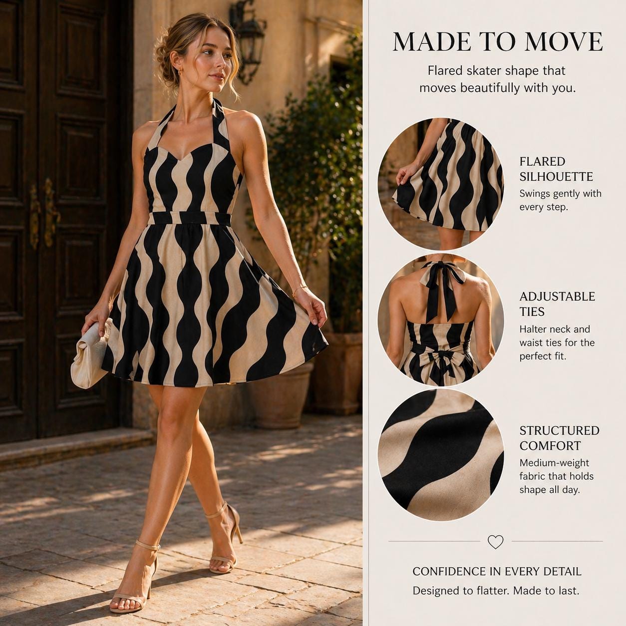 Black Beige Halter Mini Dress | Wedding Guest Date Night Dress