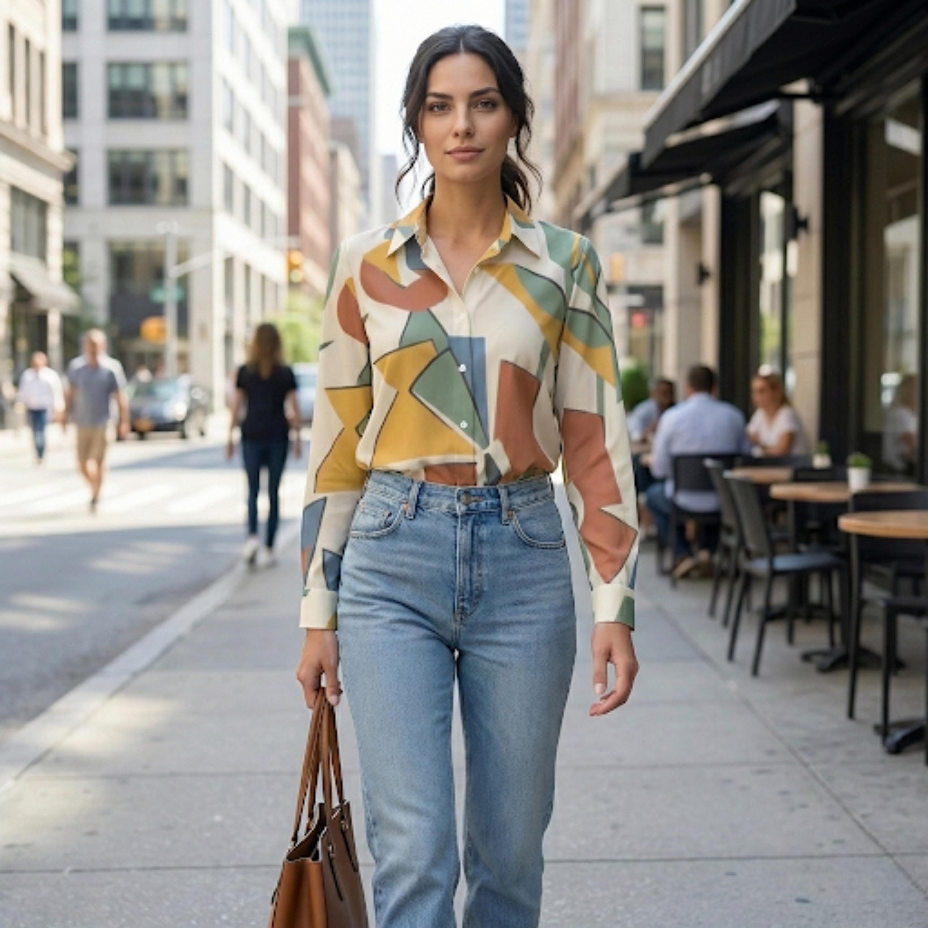 Abstract Geometric Button-Down Blouse | Modern Office Casual Top