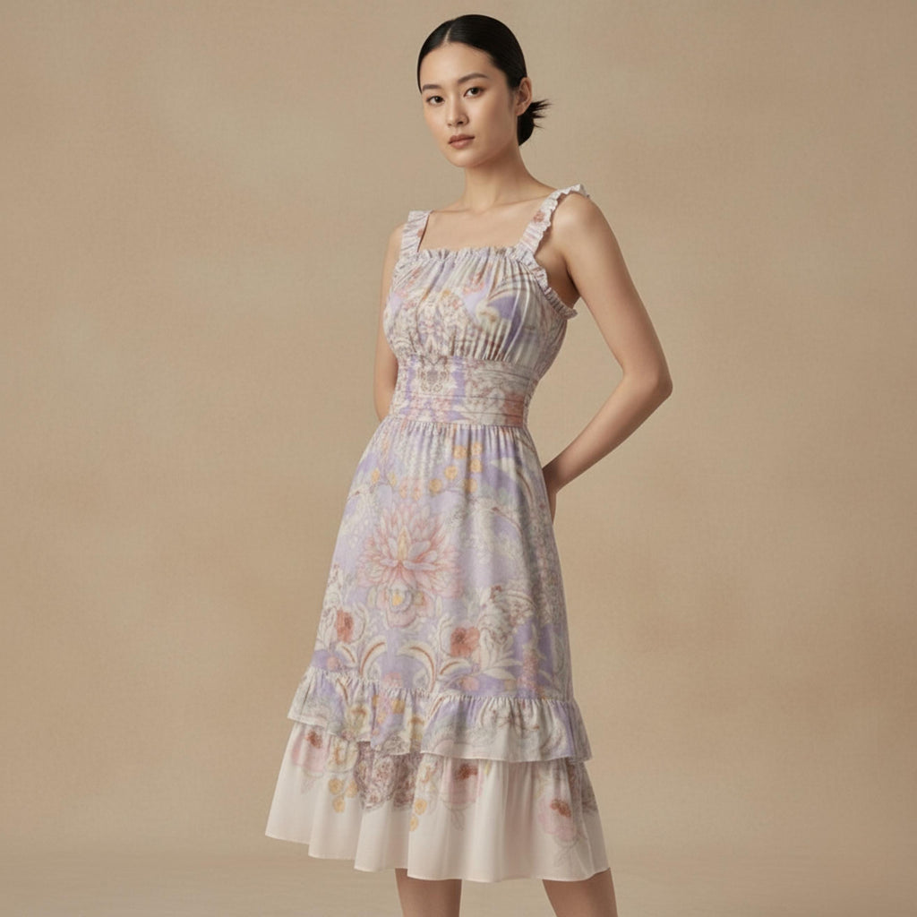 Pastel Baroque Floral Midi Dress | Romantic Garden Party Dress