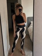 Black Beige Wave Leggings | Abstract High-Waist Yoga Pants