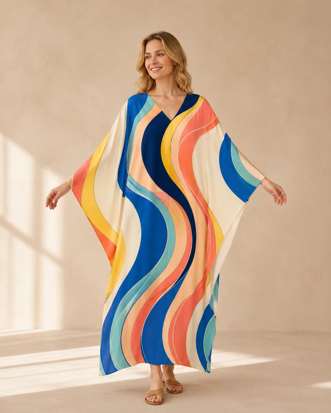 Retro Wave Kaftan Dress | Colorful 70s Resort Maxi Dress