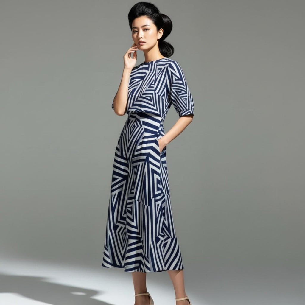 Navy Geometric Midi Dress | Modern Art A-Line Statement Dress