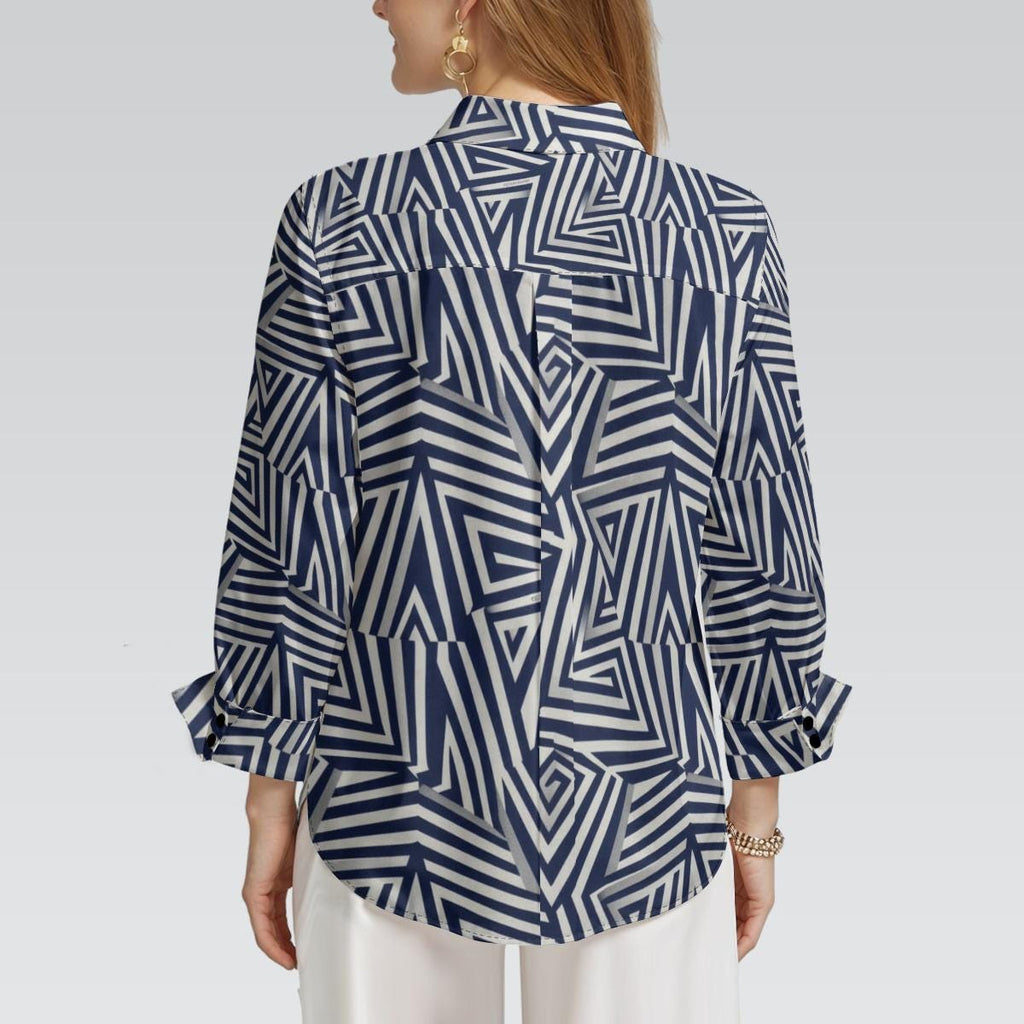 Navy Geometric Button-Down Shirt | Quiet Luxury Artwear Blouse