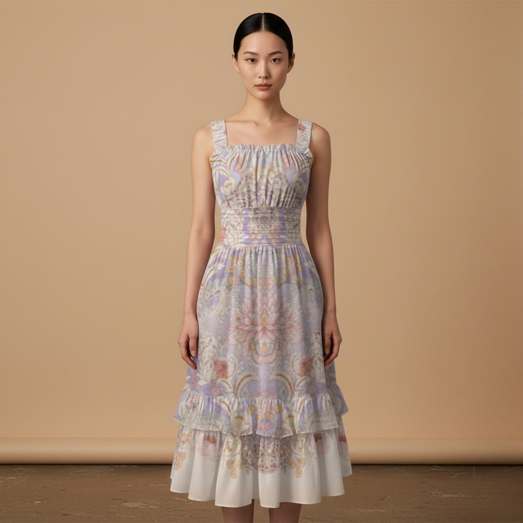 Pastel Baroque Floral Midi Dress | Romantic Garden Party Dress
